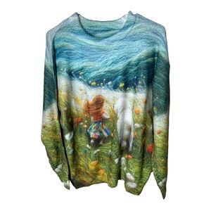 {NEW} Women's Fuzzy Child & Dog Print Sweater Medium
